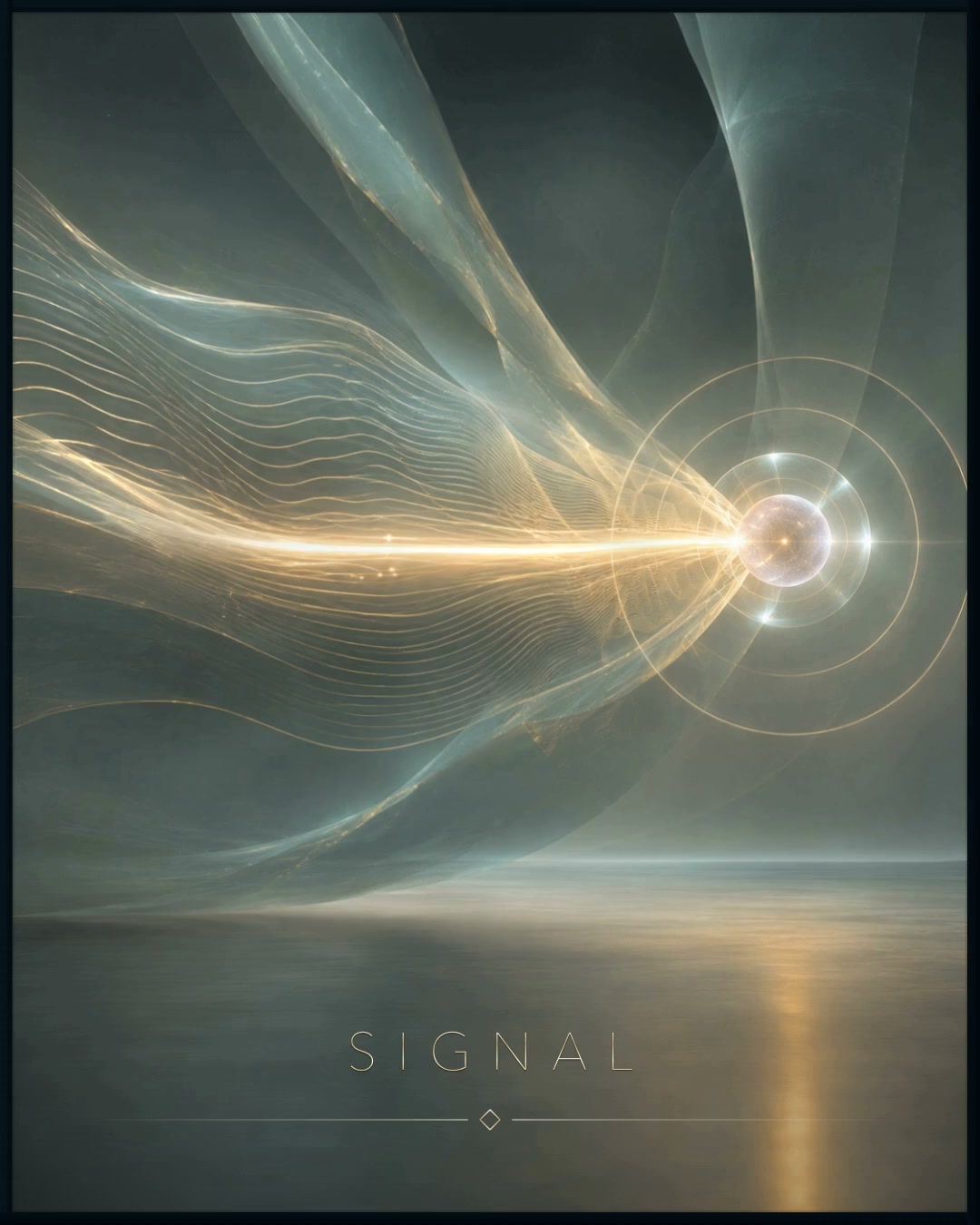 Signal: flowing golden lines converge on a luminous sphere, surrounded by soft teal waves and reflected light.